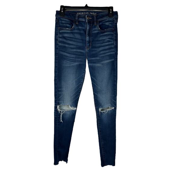 American Eagle SZ 6 Super Hi-Rise Jeggings Jeans Distressed Stretch Frayed Hems - Picture 1 of 12